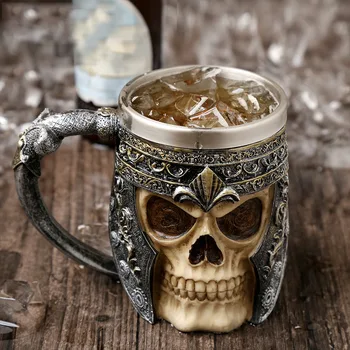

Retro Resin Stainless Steel Beer Mug Skull Knight Halloween Coffee Cup Creative Viking Tea Mug Pub Bar Decoration