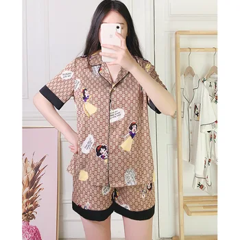 

INS Pajamas Women's Net Red Spring and Summer Silk Cute Cartoon Short-Sleeved Shorts Homewear Set women pajamas set