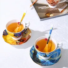 200 мл Ван Гог художественная роспись костяного фарфора чашка с блюдцем и ложкой чашка кофе молоко чай керамическая кружка для дома и офиса коллекционные чашки