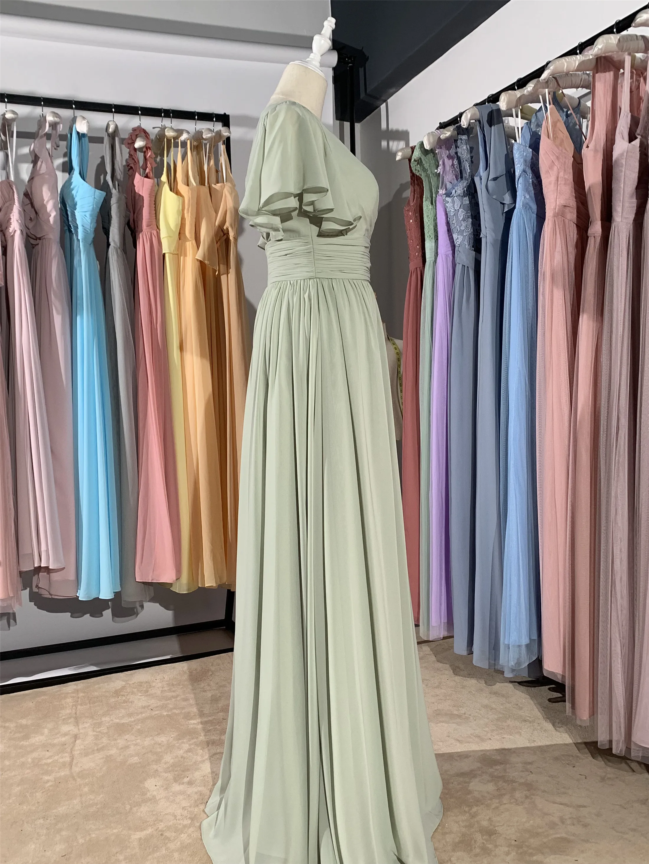 new different color Light gray green long V-neck short sleeve chiffon Customizable fashion bridesmaid dress mocini tailor