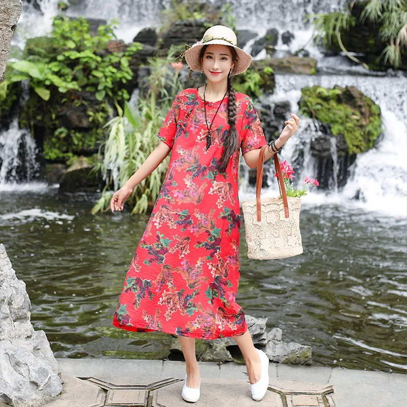 

Ethnic-Style Short-sleeve Dress Women's Summer 2019 New Style Loose-Fit Long Slimming Big Hemline Retro Long Skirts