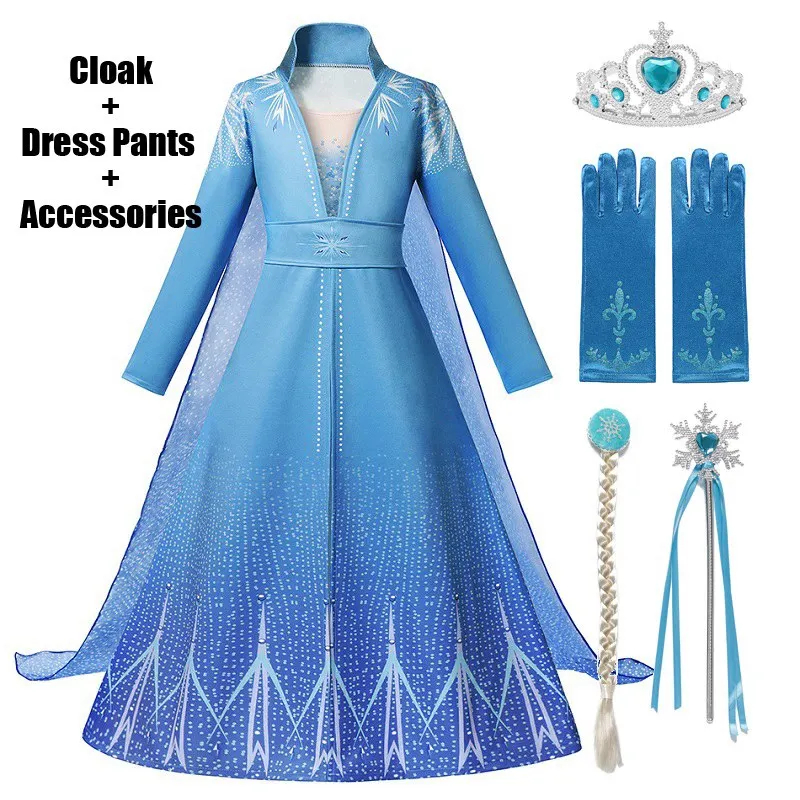 MUABABY Girls Elsa 2 New Princess Costume Children Blue Dress and Down 2 Pcs Set Clothes Halloween Snow Queen Fancy Dress Up - Цвет: Dress Cloak Set 02