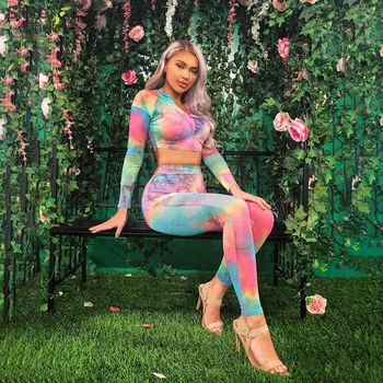 

Sisterlinda Fashion Fitness Tracksuit Set Women Colorful Print Zipper Crop Top Skinny High Waist Leggings Active Sportsuit Mujer