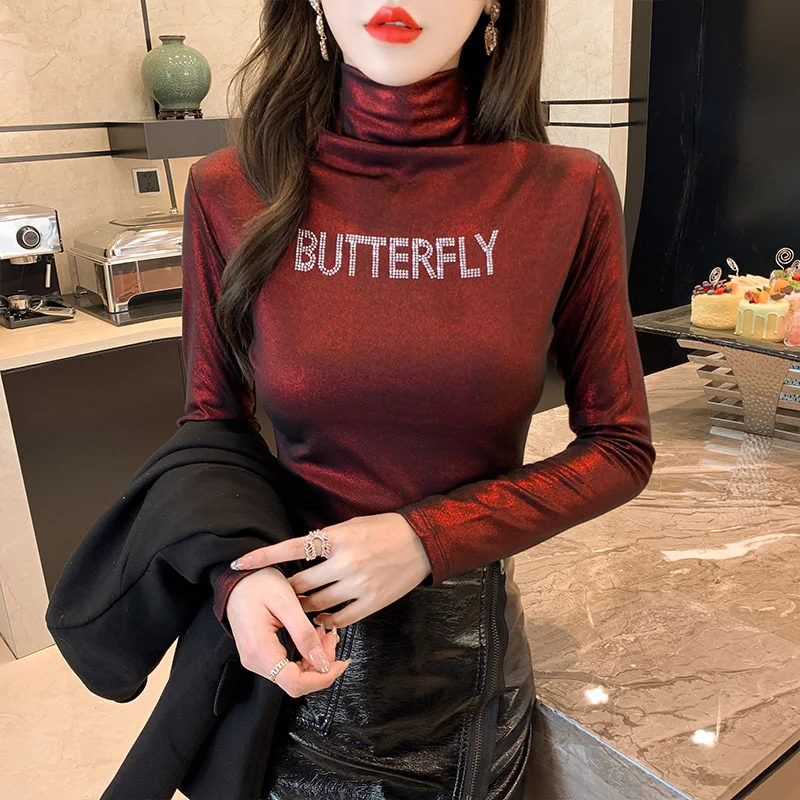 

Autumn Fashion Bronzing T Shirt Women Turtleneck Pullover Top Ropa Mujer Plus Velvet Warm Skinny Long Sleeve Tees Winter Tshirts