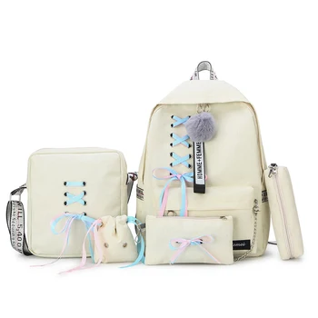 

5pcs/set Backpack School Bags New Bowknot Backpack Bow Chains Ribbons Cross Canvas Backpack for Girls Outdoor Solid Bag Fashion
