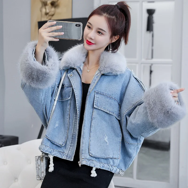 discount  Korean Thicken Women Jeans Jacket Winter 2019 Long Batwing Sleeve Big Fur Collar Warm Ladies Loose 