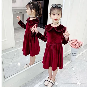 

2020 New Fashion Fleece Spring Big Girls Dresses Princess Teen Dress For Girls Long Sleeve Baby Girls Dresses Pink Red Autumn