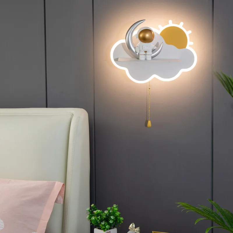 

Nordic Ins Creative Astronaut Moon Clouds Led Wall Lamp With Pull Switch Kids Bedroom Bedside Study Night Lights Art Home Deco