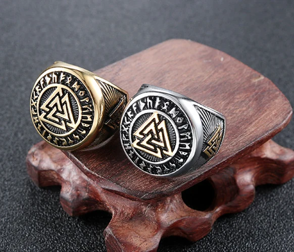 

Vintage Style Gold/Silver Celtic Knot Pattern Mens 316L Titanium Steel Ring Viking Nordic Triangle Symbol Mens Fashion Jewelry