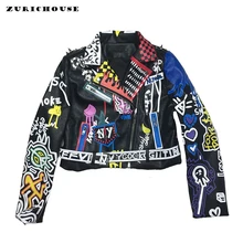 ZURICHOUSE панк кожаная куртка для женщин модные красочные граффити заклепки искусственная кожа мотоциклетные байкерские куртки и пальто