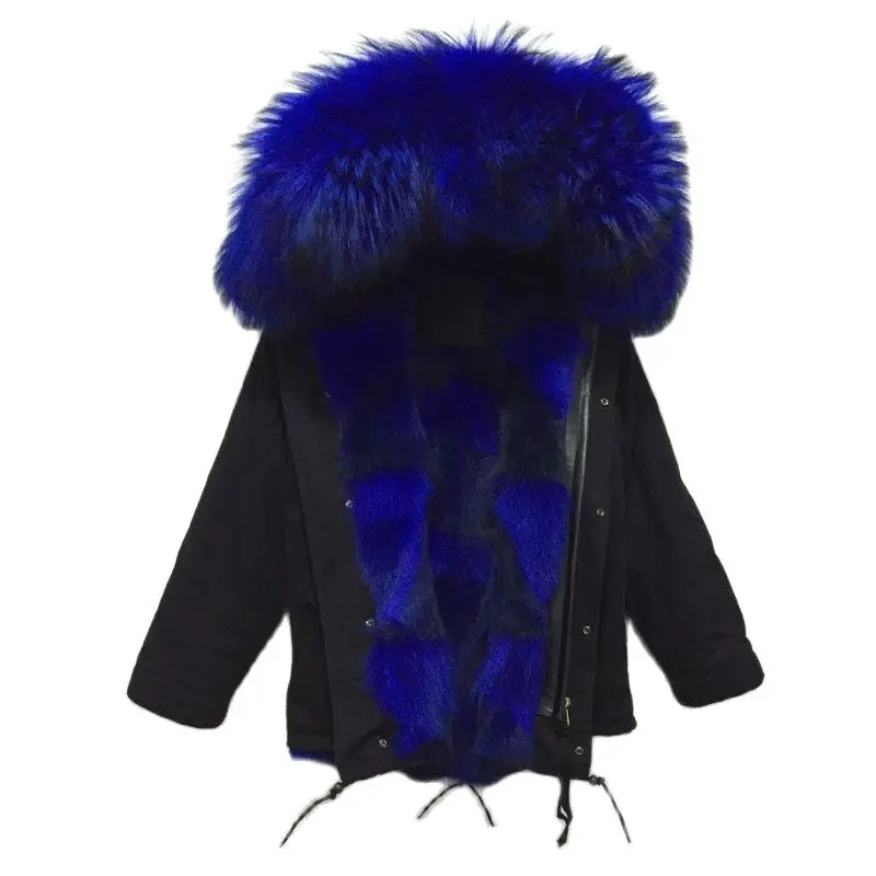 

Bright Blue Coyote Fur For Mr&Mrs Wear Black Fur Parka With Patch Fur Inside Fashion Real Furs Coat