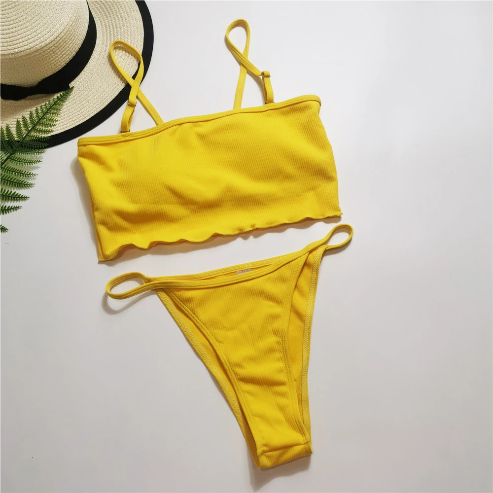 

Yellow Solid Thong Bikini Set Women Push Up Sexy Two Piece Swimwear Swimming Suit Girl Plain Summer Beach Bathing Suit Swimsuits