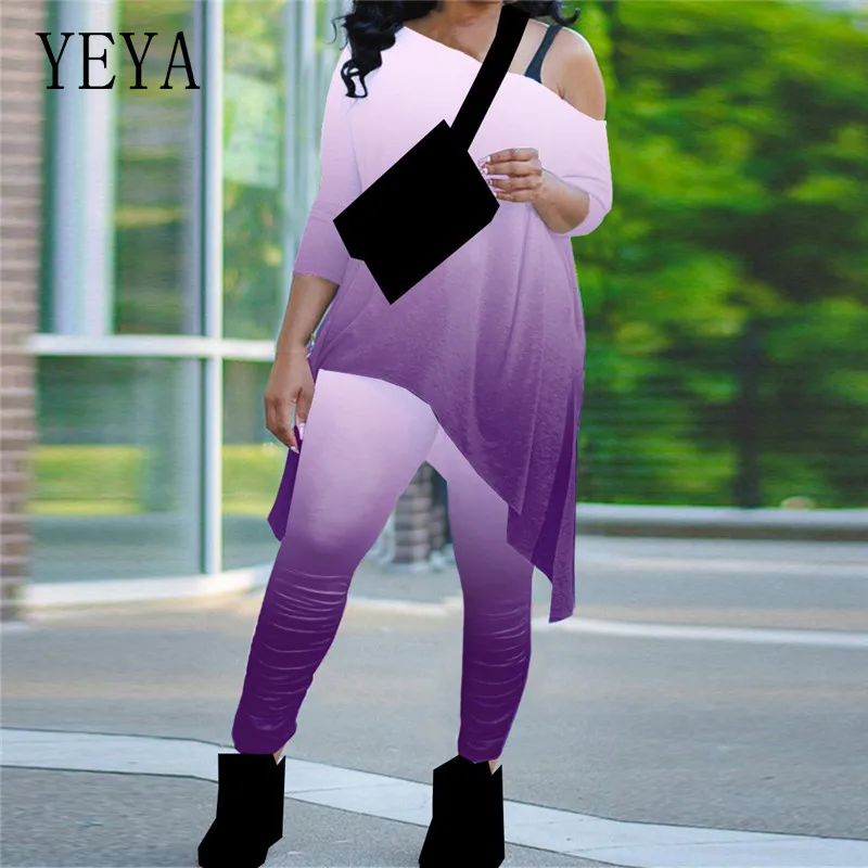 

YEYA Women Gradient Long Sleeve Irregular Tops Stacked Pants Suit Active Wear Tracksuit Autumn Two Piece Casual Matching Set
