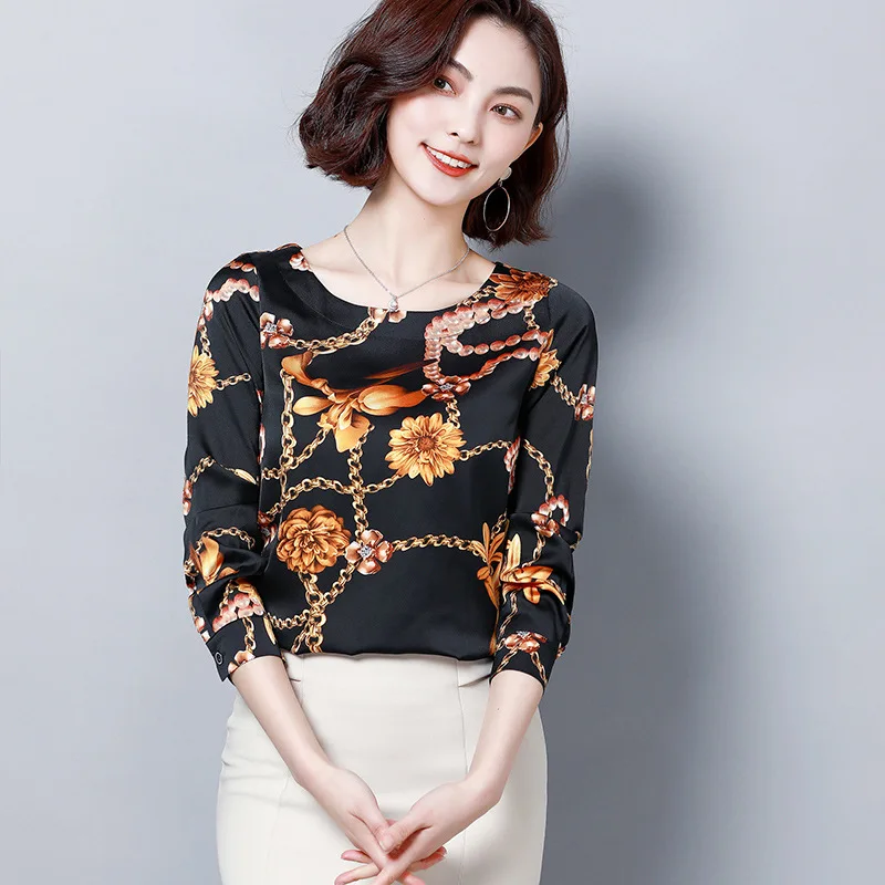  Photo Shoot Printed Silk Blouse Women's 2019 Spring Clothing New Style Long Sleeve Slimming Casual 