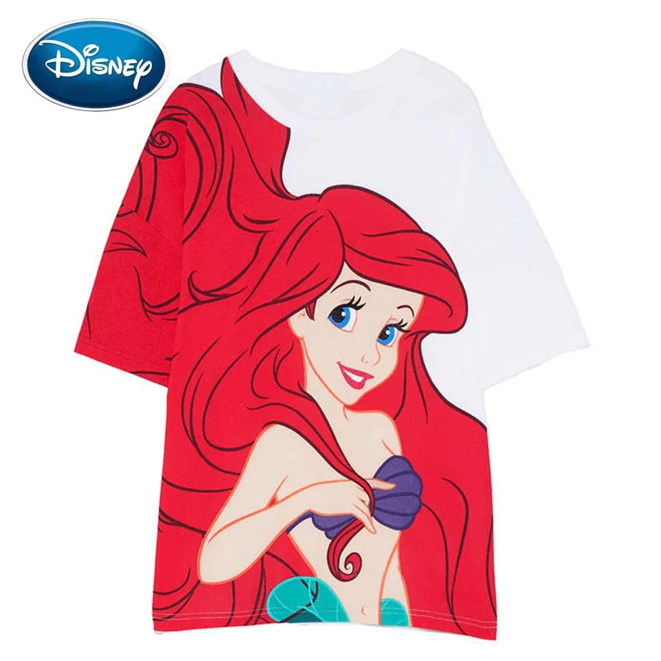 Disney The Little Mermaid Ariel Big Cartoon Print White T-shirt O-neck  Pullover Casual Sweet Women Short Sleeve Loose Tee Tops - T-shirts -  AliExpress