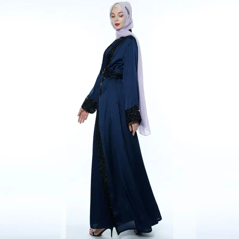 Дубай открытый кардиган Абаи Для женщин атласная блесток мусульманское длинное платье кимоно кафтан халат платье с длинным рукавом платье