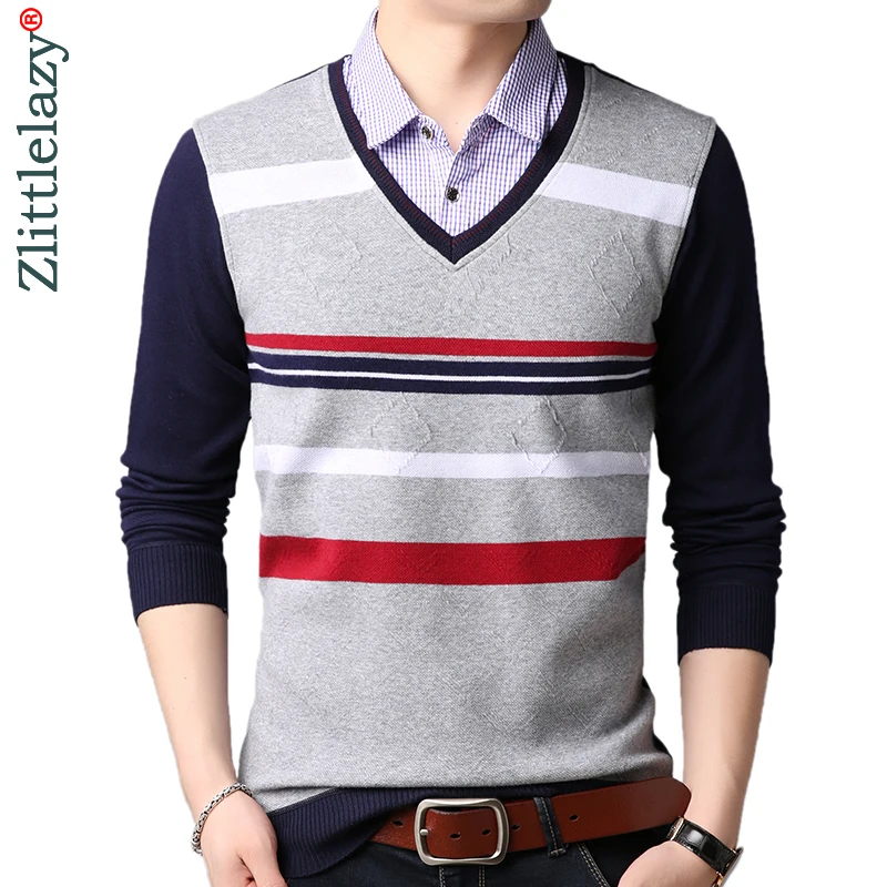 2021 Brand Casual Fake Two Pieces Long Sleeve Polo Shirt Men Poloshirt Jersey Striped Mens Polos Tee Shirts Dress Fashions 90384 | Мужская