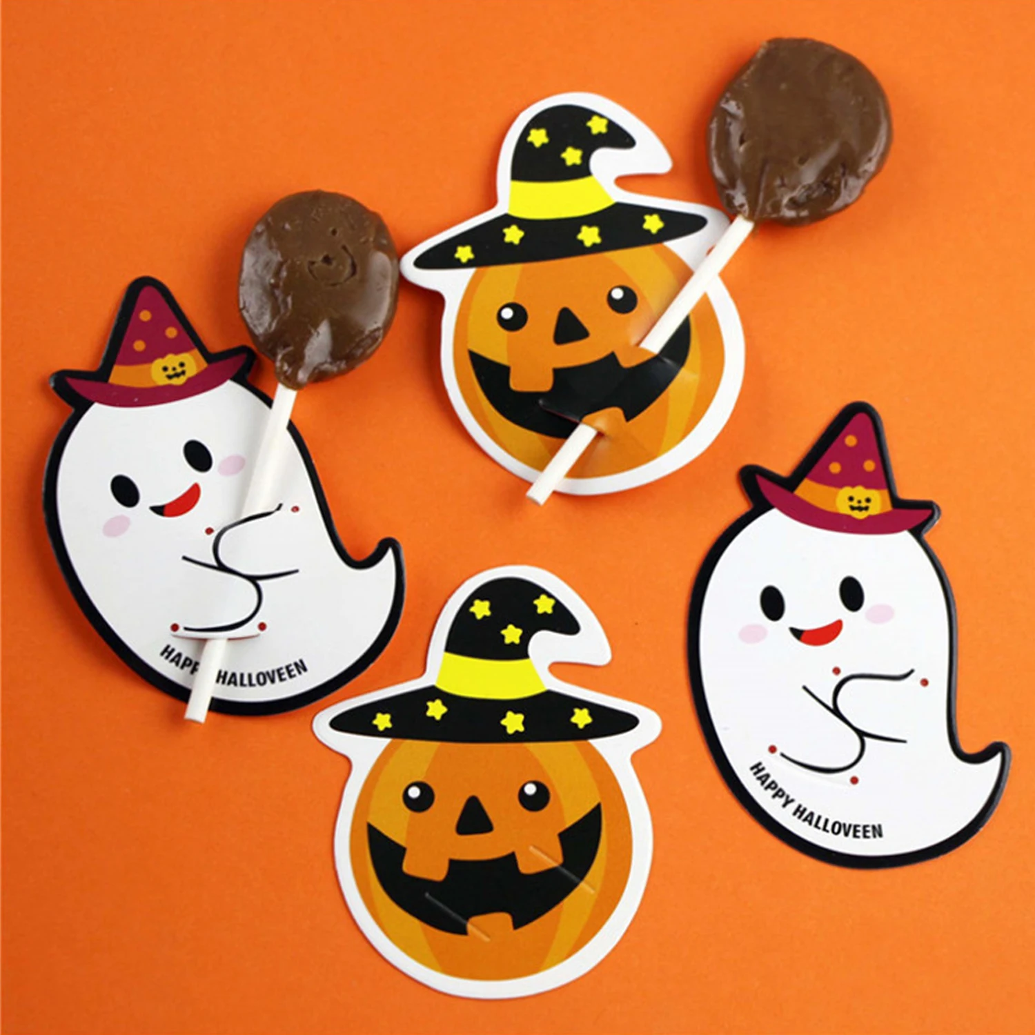 

Behogar 50pcs Cute Halloween Pumpkin Ghost Candy Lollipop Tag Cards Trick or Treat Party Favors Gift Decorations