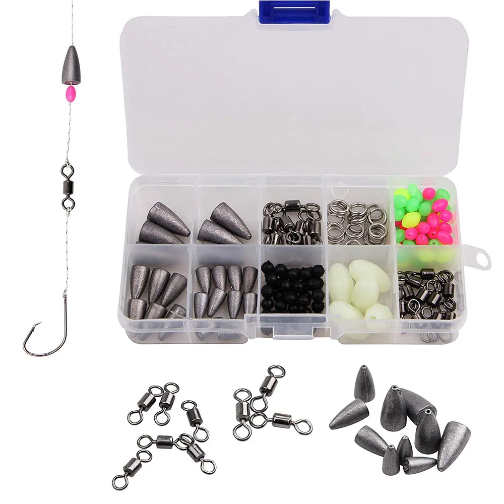 

Shaddock 175Pcs/Box Fishing Bullet Weight Sinker Kit Including Rolling Swivel Split Ring Fishing Beads Bass Fishing Tackle