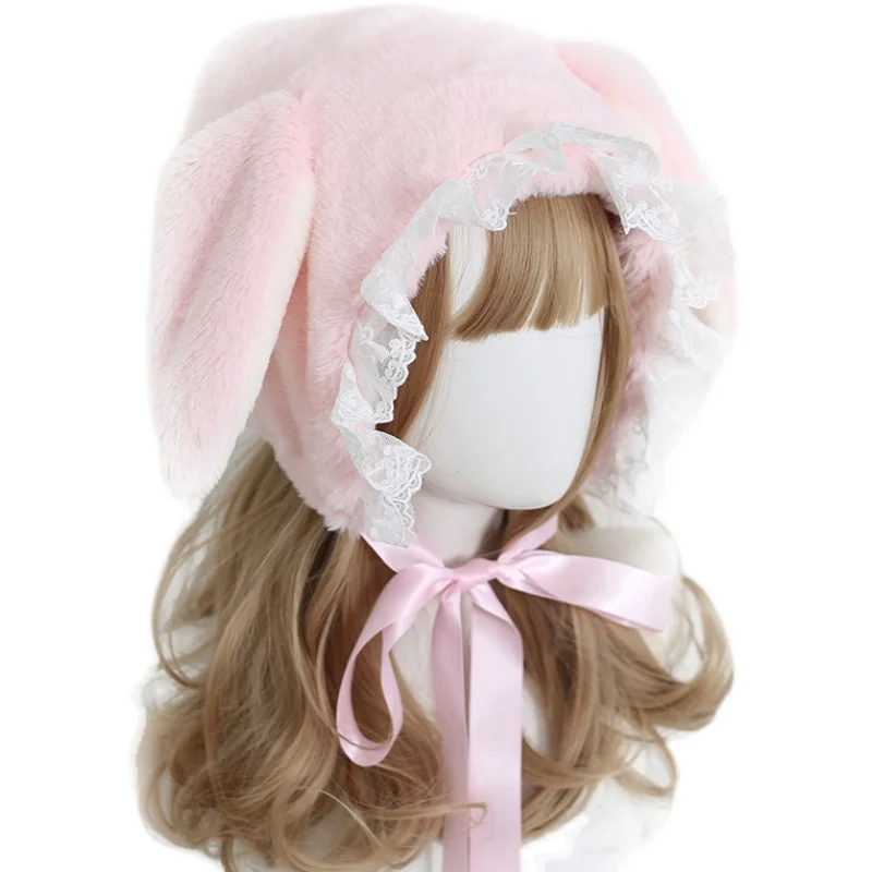 Japanese sweet loppy eared rabbit lei feng's cap lace lolita earmuffs cap joker fluffy warm winter hats 5