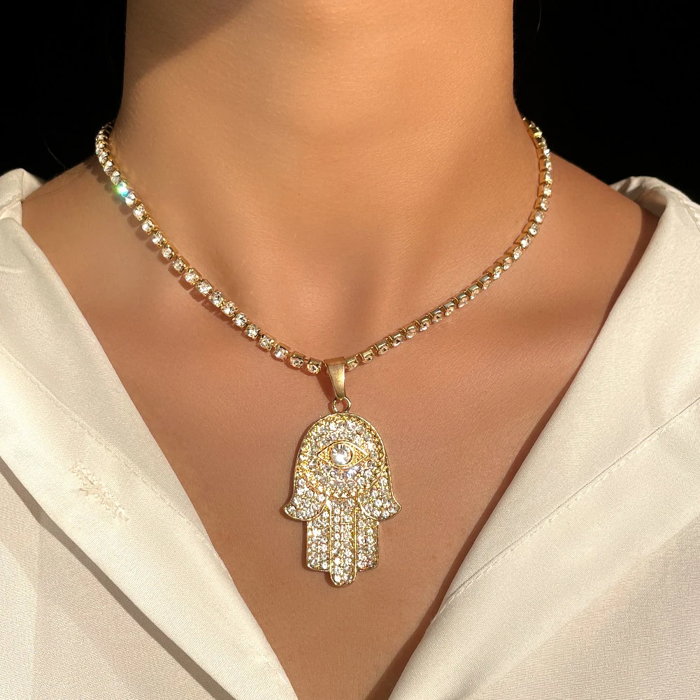 Novo ouro cor de prata cristal hamsa mão pingente colar para as mulheres  completa strass mal olho gargantilha colar sorte jóias presente - AliExpress, image size:1001x1001