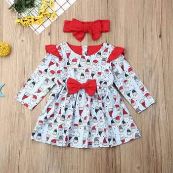

CANIS Christmas Infant Baby Girl Clothes Santa Bowknot Long Sleeve Bowknot Tutu Dress+Headband Outfits Set Autumn