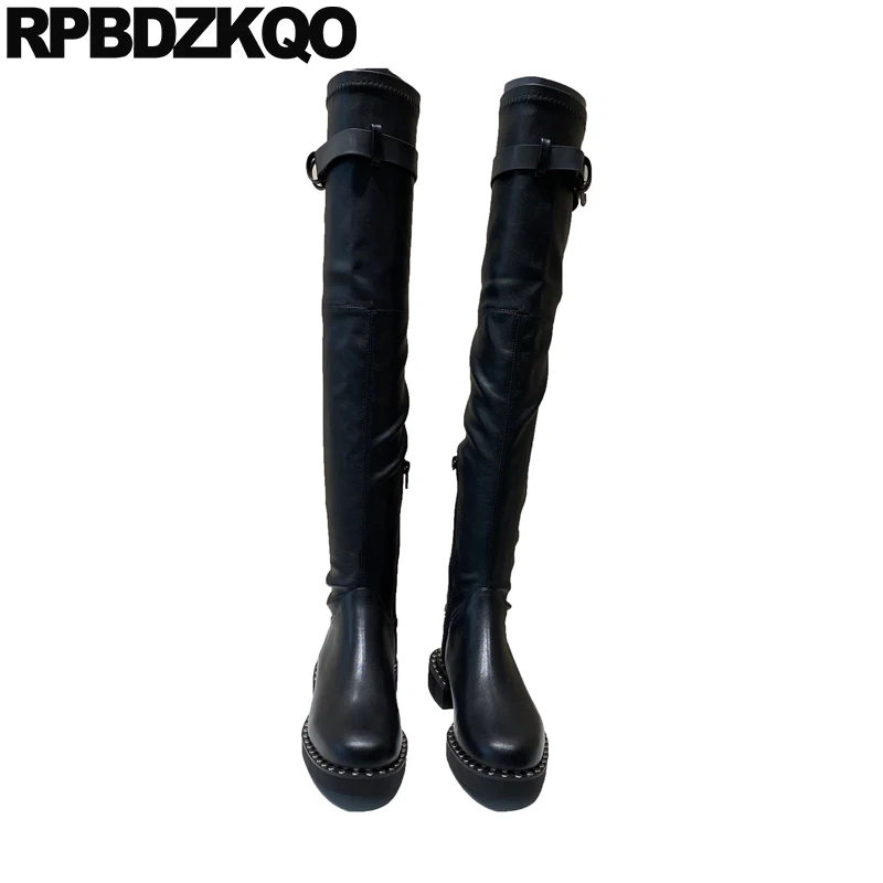 Patent Leather Motorcycle Stud Metal Knee High Shoes Thigh Boots For