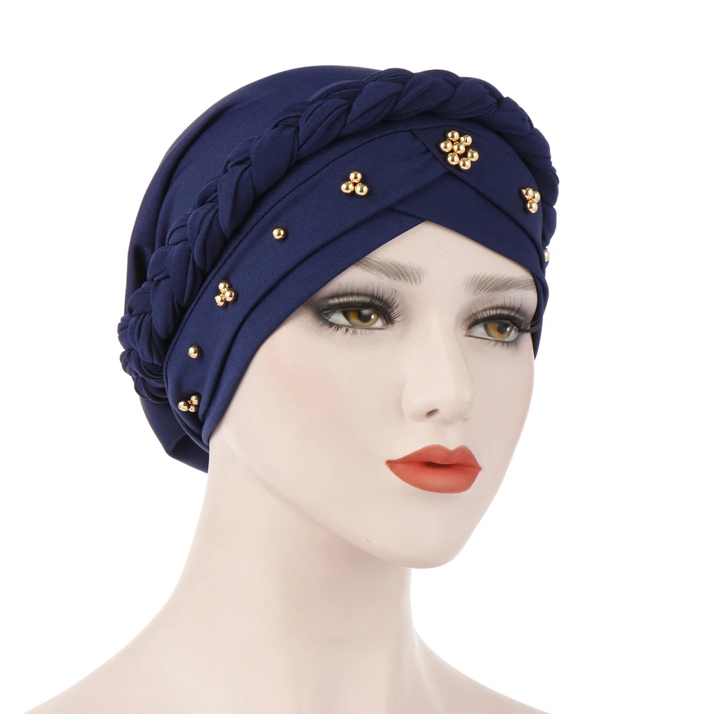 Женская шапка-тюрбан мусульманский молочный шелковый шарф для выпадения волос с раком Chemo, индийские эластичные бусины, головной убор, Повседневная плетеная весенне-Осенняя шапка