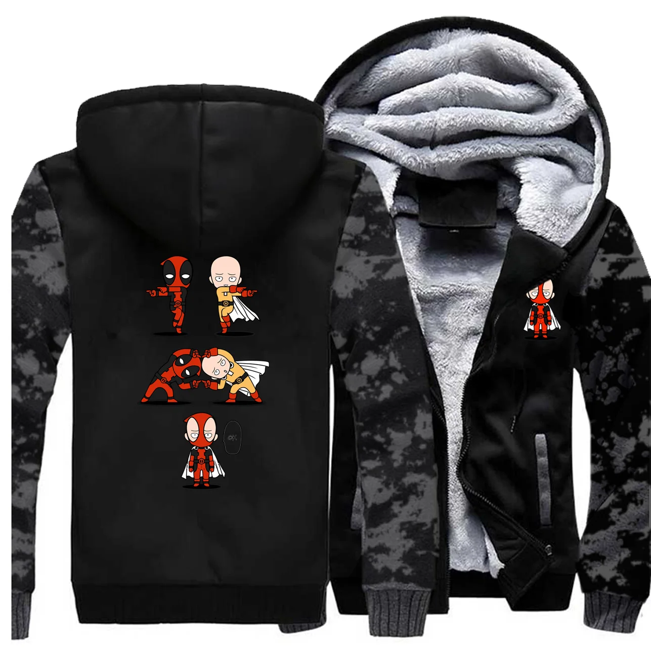 Смешной Дэдпул VS One Punch Man печатных толстые толстовки аниме Harajuku Мужская Уличная камуфляжная толстовка флисовая Теплая мужская куртка