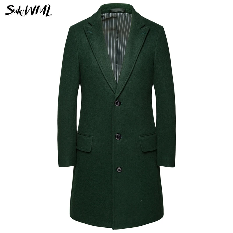 SUKIWML Тренч Homme новая одноцветная мужская длинная Куртка Осенние Длинные куртки и пальто зимнее пальто в британском стиле M-6XL - Цвет: Green