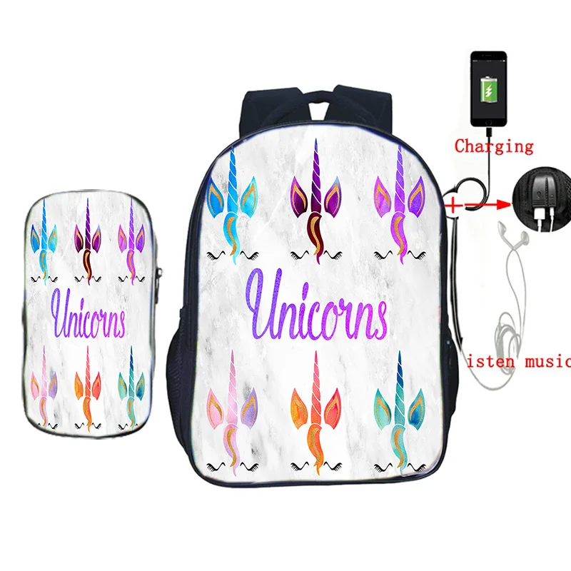 2 шт./компл. Kawaii Единорог школьная сумка USB зарядка мочилы для подростков мальчиков девочек ежедневный рюкзак дорожные сумки - Цвет: 2
