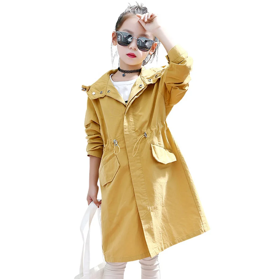 Осенне-зимний плащ для девочек, детские модные куртки с капюшоном, детская Длинная ветровка, детская повседневная верхняя одежда - Цвет: MC100-yellow