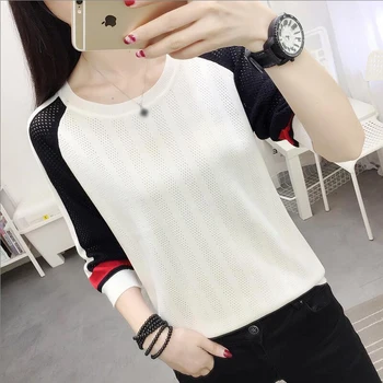 

Girls Hollow Breathable Knitted Sweater Women Loose Round Neck Color Matching Cropped Sleeves Pullover Jumper Female 2020 Spring