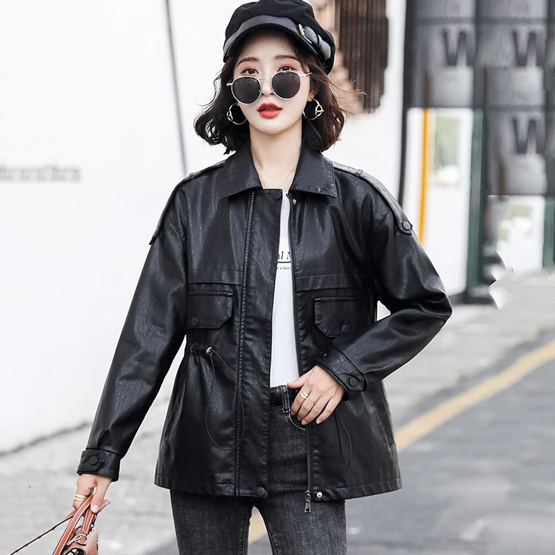 New Women Leather Jacket Spring Autumn 2024 Fashion Moto Biker Coat Drawstring Loose Sheep Leather Tops Sheepskin Trench Coat