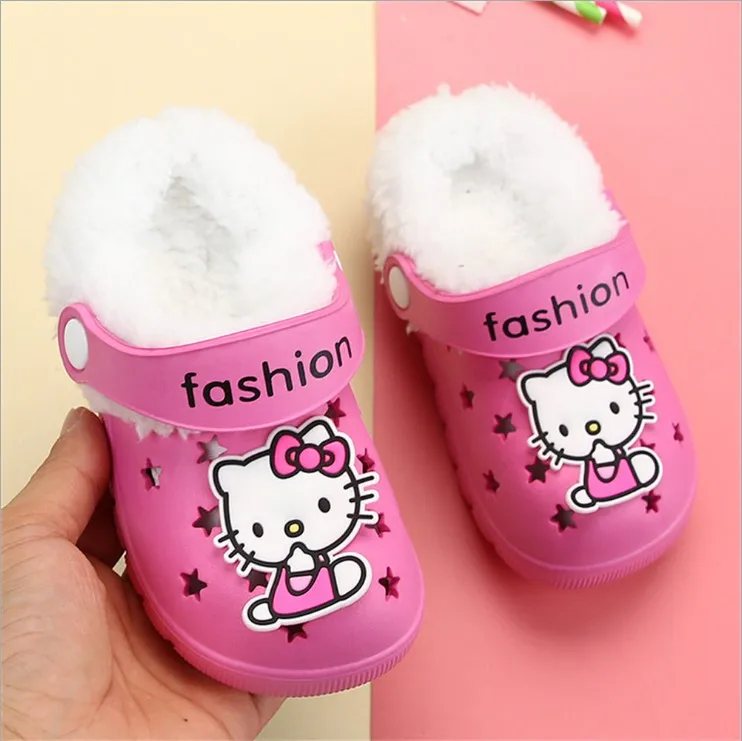 Kitty Snow White Girl Winter Clogs Warm Fur Children's Indoor Shoes Home Hole Mules Navy Cute Pins Sandal EVA Flat Boy Shoes - Цвет: kitty