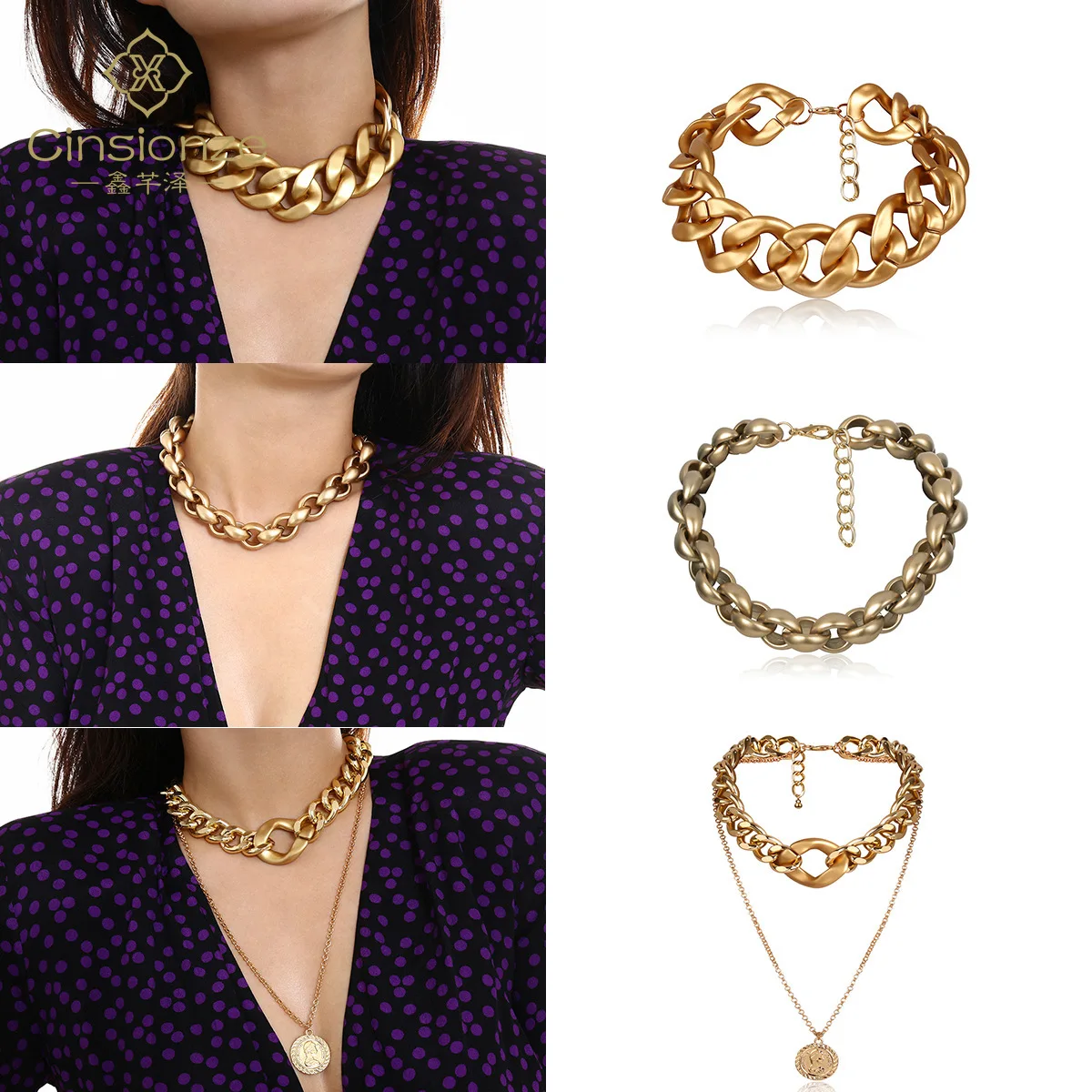 

Cinsionze Female Punk Personality Alloy Short Chain Necklace Women's Exaggeration Golden Thick Chain Geometric Simple Necklace