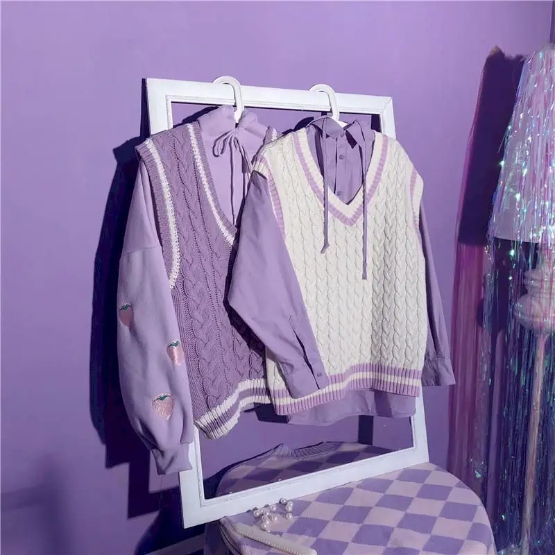 

purple retro vest japanese sweet women Knitted jacket for korean style oversized clothes sleeveless tiktok tops young jackets