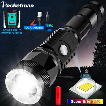 

Super bright T6 LED flashlight tactical torch waterproof zoom DC charging lantern uses 18650 battery for best lighting outdoor