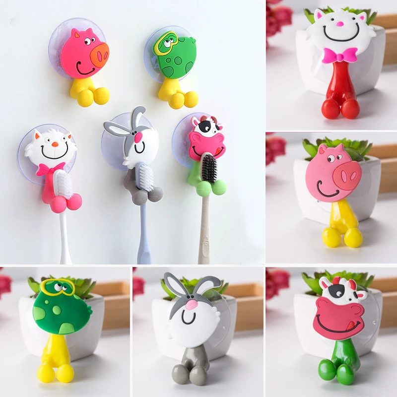 Cute Cartoon Animal Home Toothbrush Holder Wall Mounted Tooth brush Storage Rack With Suction Cup Bathroom Organizer | Дом и сад