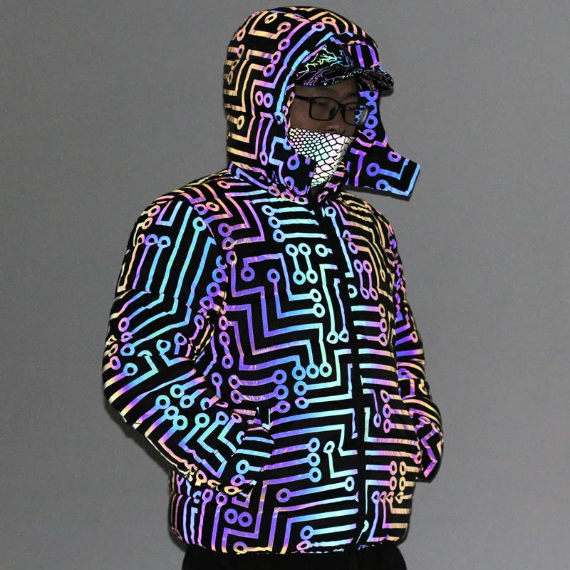 Men Clothing Winter Coat Laser Colorful Circuit Pattern Reflective Coat Japanese Trend Men's Large Size Loose Thick Coat
