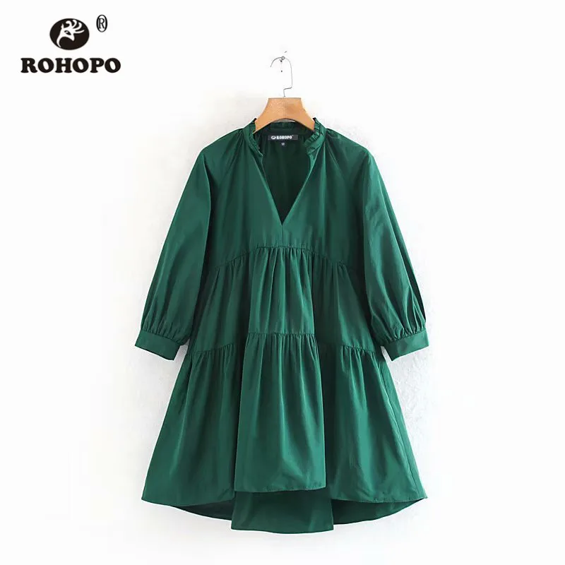 ROHOPO/зеленое платье из поплина с v-образным вырезом, с рукавами три четверти, многослойное свободное осеннее платье#6258 - Цвет: Зеленый