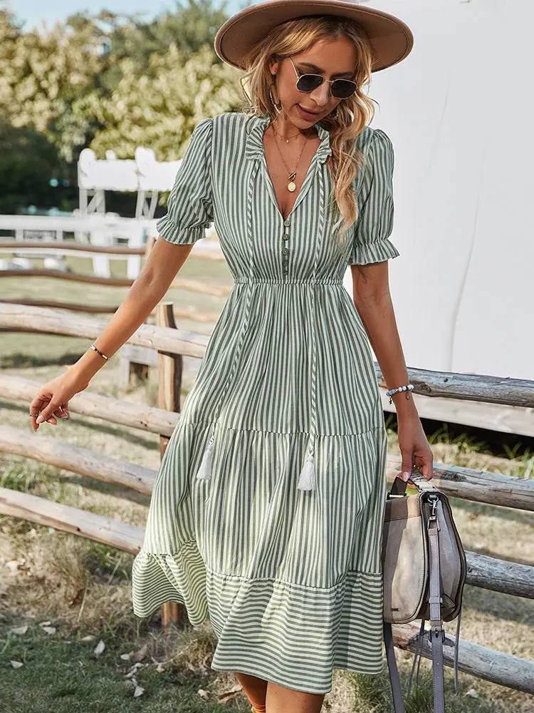 Women Elegant Striped Lantern Sleeve Summer Dress Causal V-neck Button  Ruffles Midi Dress 2025 Women Beach Holiday Party Dress - AliExpress