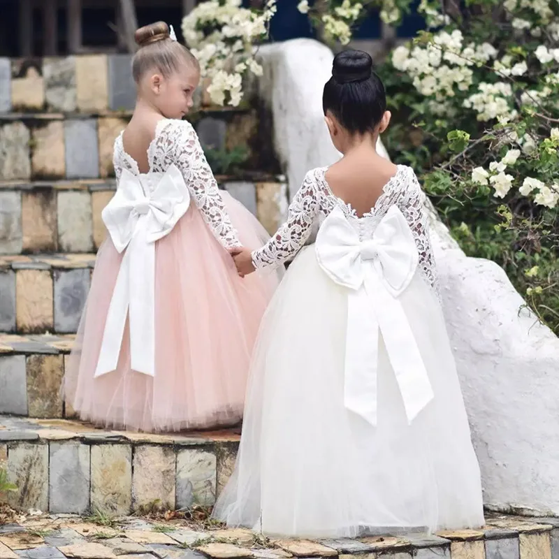 

Cheap Flower Girl Wedding Dresses Long Sleeve White Lace Bow Puffy Tulle Kids Pageant Gown Communion Birthday Custome