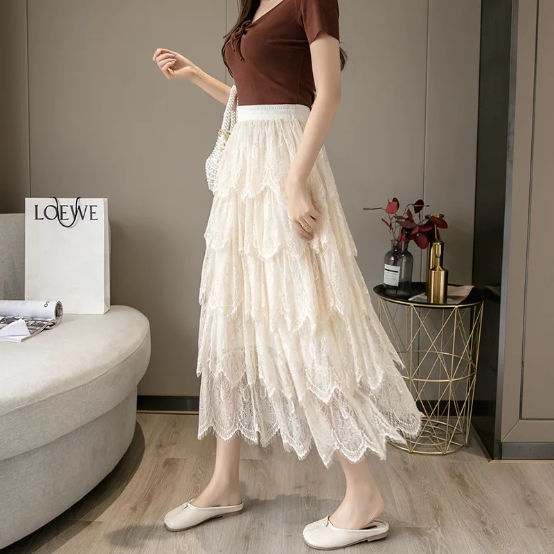 

2020 Spring And Summer New Style High-waisted Slimming Lace Long Skirts Women's Cake Dress INS Super Fire Skirt Skirt A- line Sk