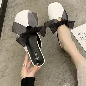 

Shoes Woman's Slippers Shallow Cover Toe Butterfly-knot Slides Fashion 2020 Summer Soft Flat Luxury Rubber PU Scandals Basic