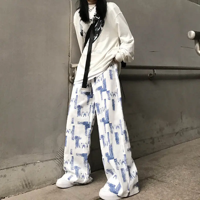 

Wide Leg Pants Women Fashion printed Loose High Waist Color contrast Female Trousers Sweatpant Pockets Summer Streetwear