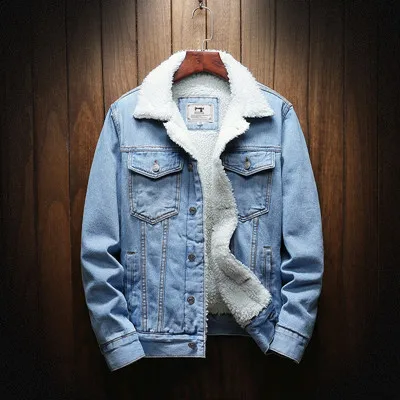Light blue Мужские зимние толстые теплые шерстяные облегающие джинсовые куртки одноцветные мужские мотоциклетные повседневные джинсовые куртки пальто плюс размер 5XL 6XL - Цвет: Light blue