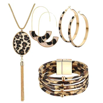 

Statement Leopard Jewelry Set for Women Leopard Leather Bracelet Teardrop Drop Dangle Earrings Long Tassel Pendant Necklace Vale