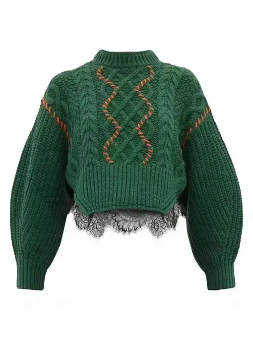 Для женщин свитера осень-зима Новинка кайма кружева шить контраст тканым Разделение вязаный свитер