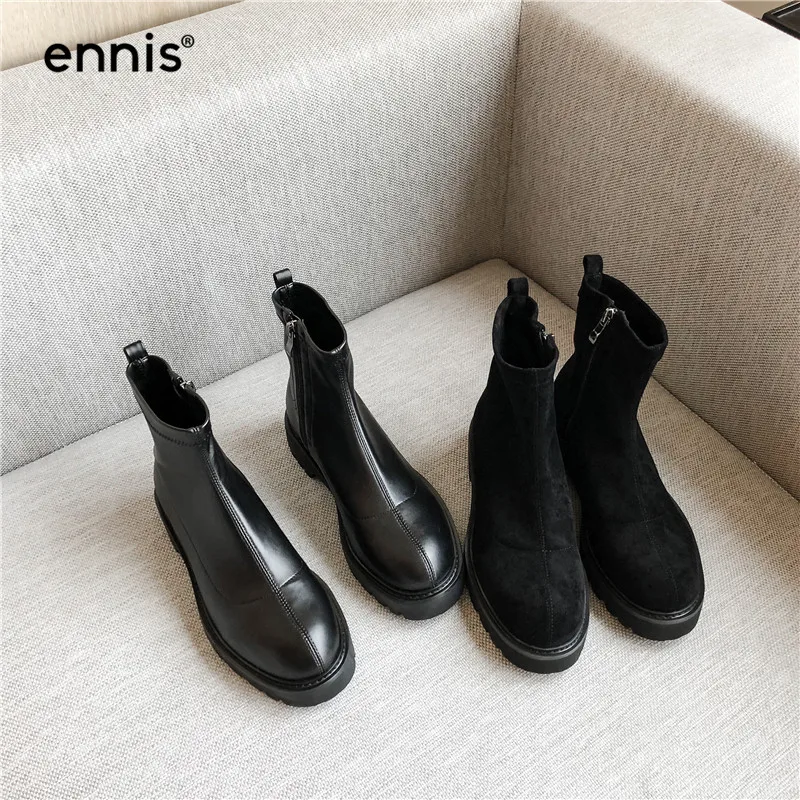 ENNIS/брендовые черные женские ботильоны; эластичные ботинки с круглым носком; растягивающиеся ботинки на низком каблуке; замшевая обувь на молнии; сезон осень-зима; A9375